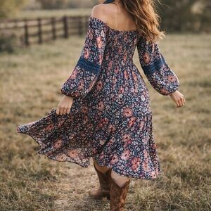 Angie Boho Floral Off Shoulder Smocked Maxi Dress Large